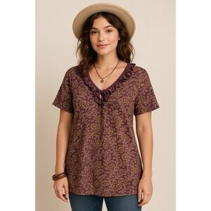 Ralph LAUREN JEANS CO Top Women L  Purple Paisley Rufffle Tie Neck Short Sleeve